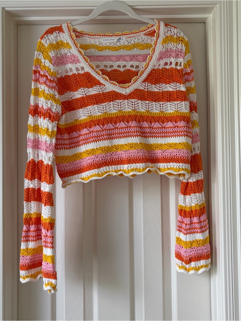 Altar'd State Crochet Cropped Sweater - White, Pink, Orange, Yellow